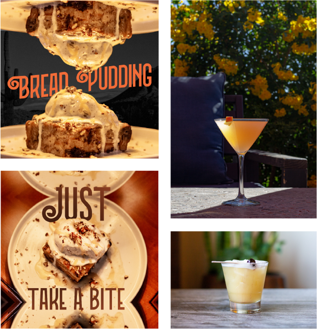 Glossy Heifer Grill Bee’s Knees cocktail with honey and citrus flavors, restaurant drink, bread pudding with ice cream food photography by Matthew Spaulding, see more at matthewspaulding.co