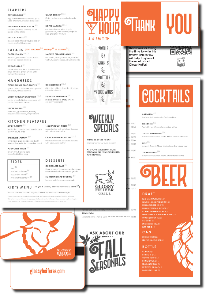 Glossy Heifer Grill American restaurant menu design in white and orange by Matthew Spaulding, featured on matthewspaulding.co