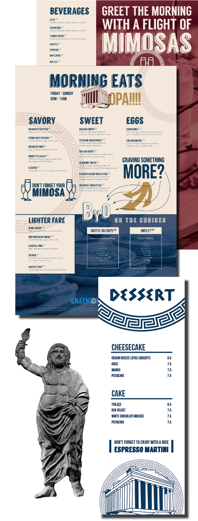 Greek breakfast and dessert menu design with mimosas, eggs, crepes, cheesecake, and espresso martini options